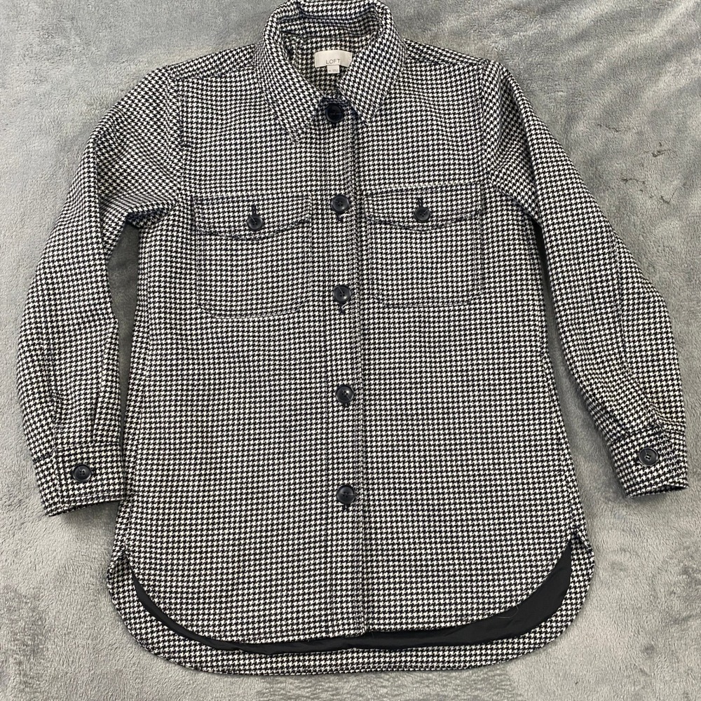 Loft Houndstooth Shacket Shirt Jacket Women's XS Black White Button Front Pocket
